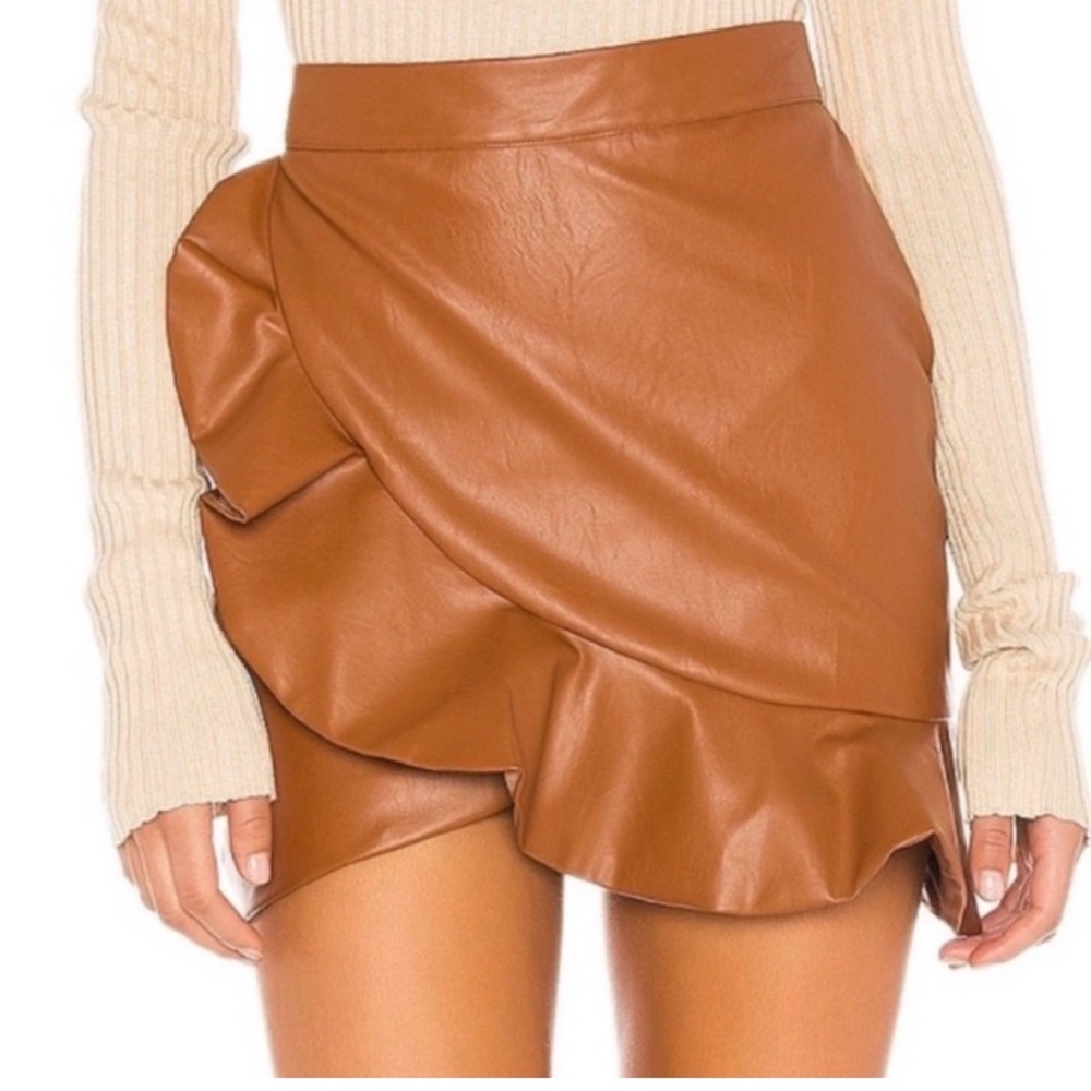 Majorelle Leather Ruffle Wrap Mini Skirt - Tan